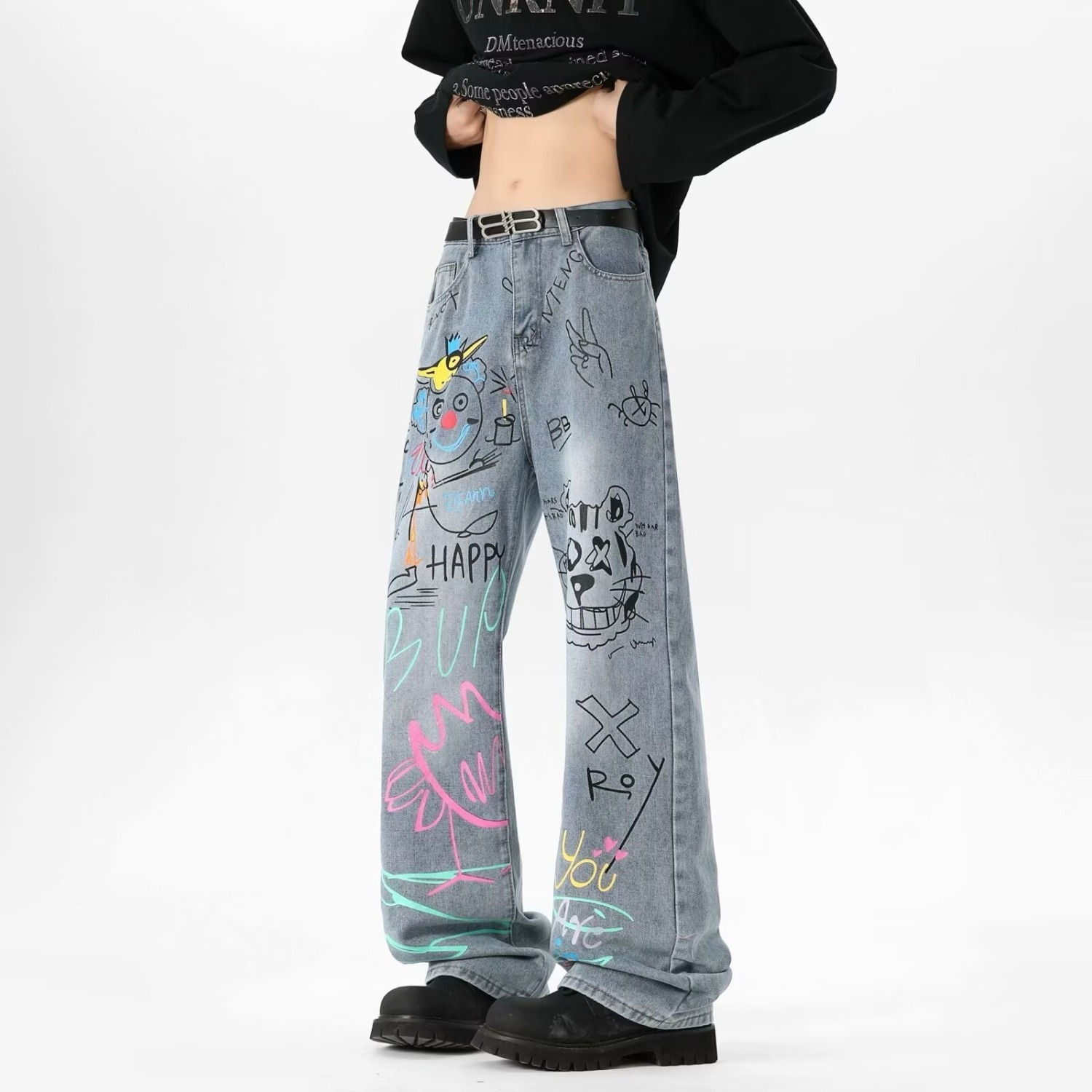Street Fashion Style Male - Men Graffiti Straight Leg Jeans American