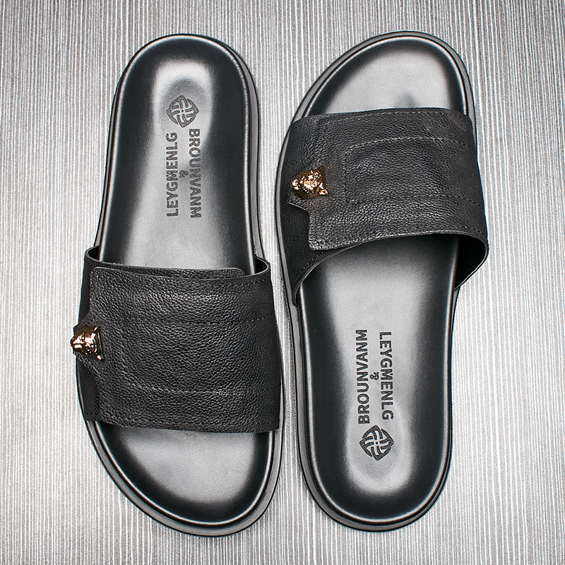 Street Fashion Style Male - 2025 New Genuine Leather Slippers Metal
