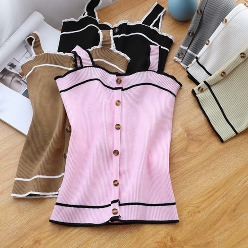 New Knit Tank Top Button Crop  - Street Fashion Youtube ulasan dan harga