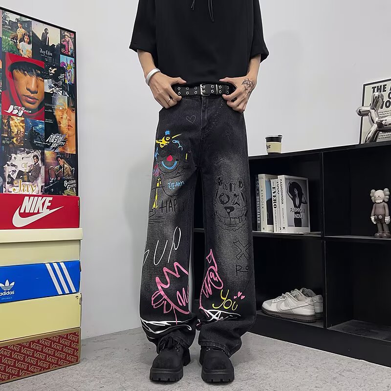Men Graffiti Straight Leg Jean - Street Fashion Style Male ulasan dan harga